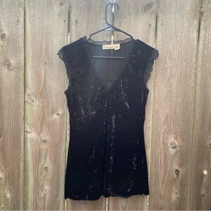 Vintage‎ Y2K DKNY Jeans Black Velour Lace Beaded V-Neck Top | Small